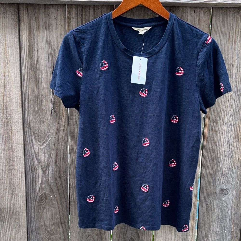 Lucky Brand Shirt Women's Medium Navy Blue Burnout Crew Neck Embroidered Peace